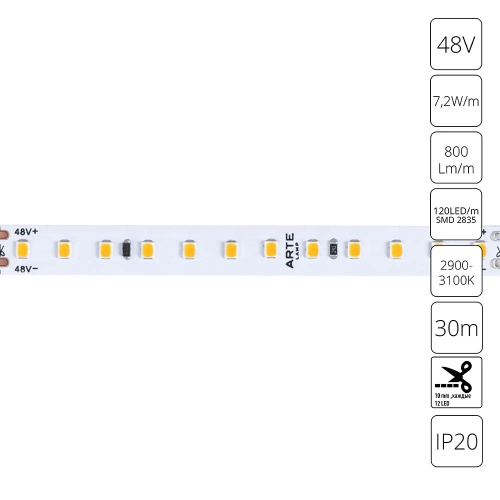 Купить Светодиодная лента 48V 7,2W/m 3000К 30м Arte Lamp TAPE A4812010-03-3K