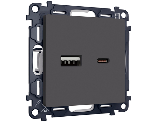 Купить MA911010 Комплект механизма розетки ALFA Графит мягкое касание 2USB A+C 20W (быстрая зарядка) QUANT (AP9110, VM177)