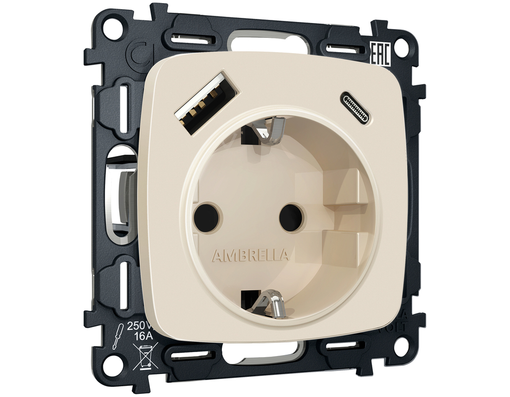 MO330010 Комплект механизма электрической розетки OMEGA Бежевый матовый 2USB A+C 20W (быстрая зарядка) с/з QUANT (OP3300, VM160)