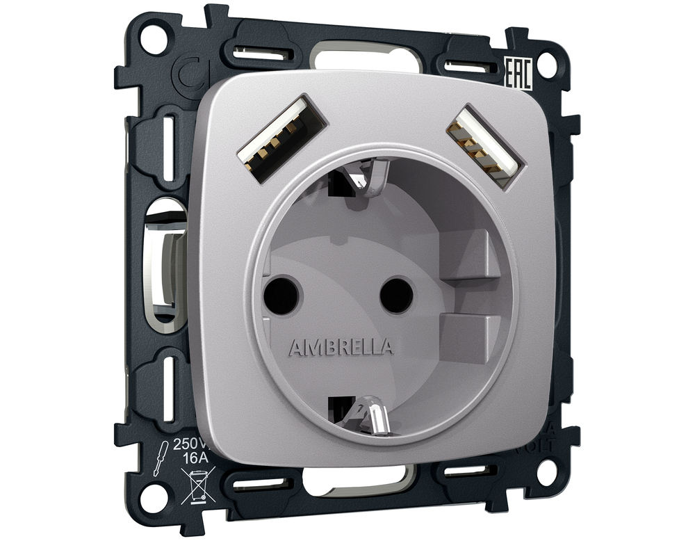 MO509010 Комплект механизма электрической розетки OMEGA Сталь матовый 2USB A+A 18W (быстрая зарядка) с/з QUANT (OP5090, VM155)