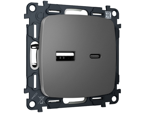 Купить MO661010 Комплект механизма розетки OMEGA Антрацит серый 2USB A+C 20W (быстрая зарядка) QUANT (OP6610, VM177)