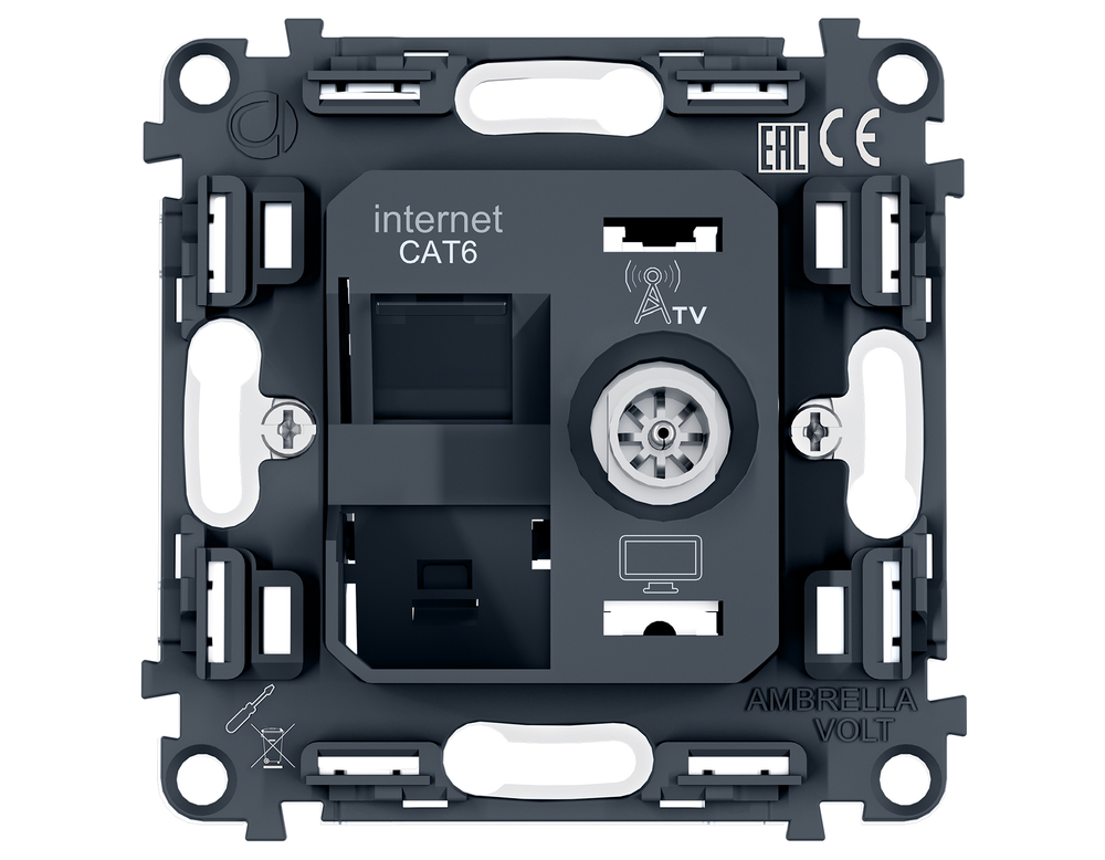 PR195 Механизм розетки компьютерной + TV оконечной RJ-45 (8P8C) CAT6/50-870MHz 1dB с автоматической защитной шторкой QUANT PRO