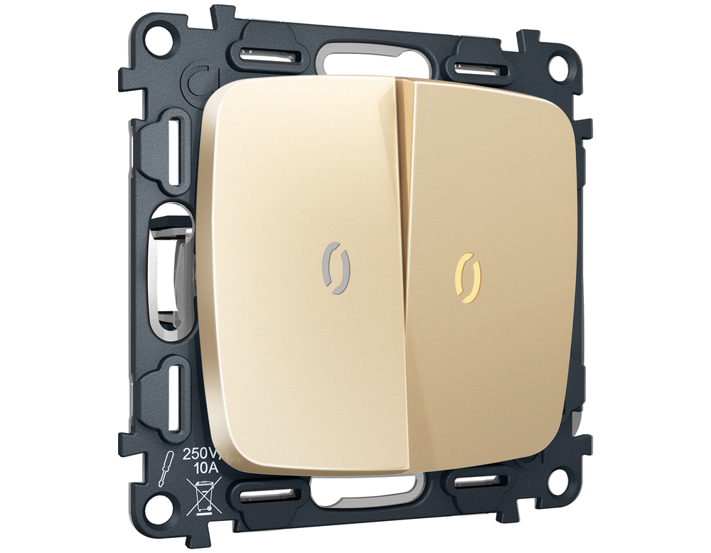 MO604030 Комплект механизма 2-кл проходного выключателя с подсветкой 3200K OMEGA Шампань QUANT (OP6040, VM120, G22Y)