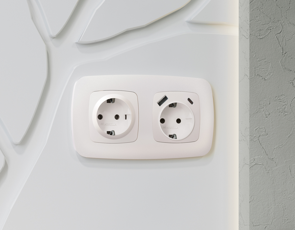 MO210010 Комплект механизма электрической розетки OMEGA Жемчуг 2USB A+C 20W (быстрая зарядка) с/з QUANT (OP2100, VM160)