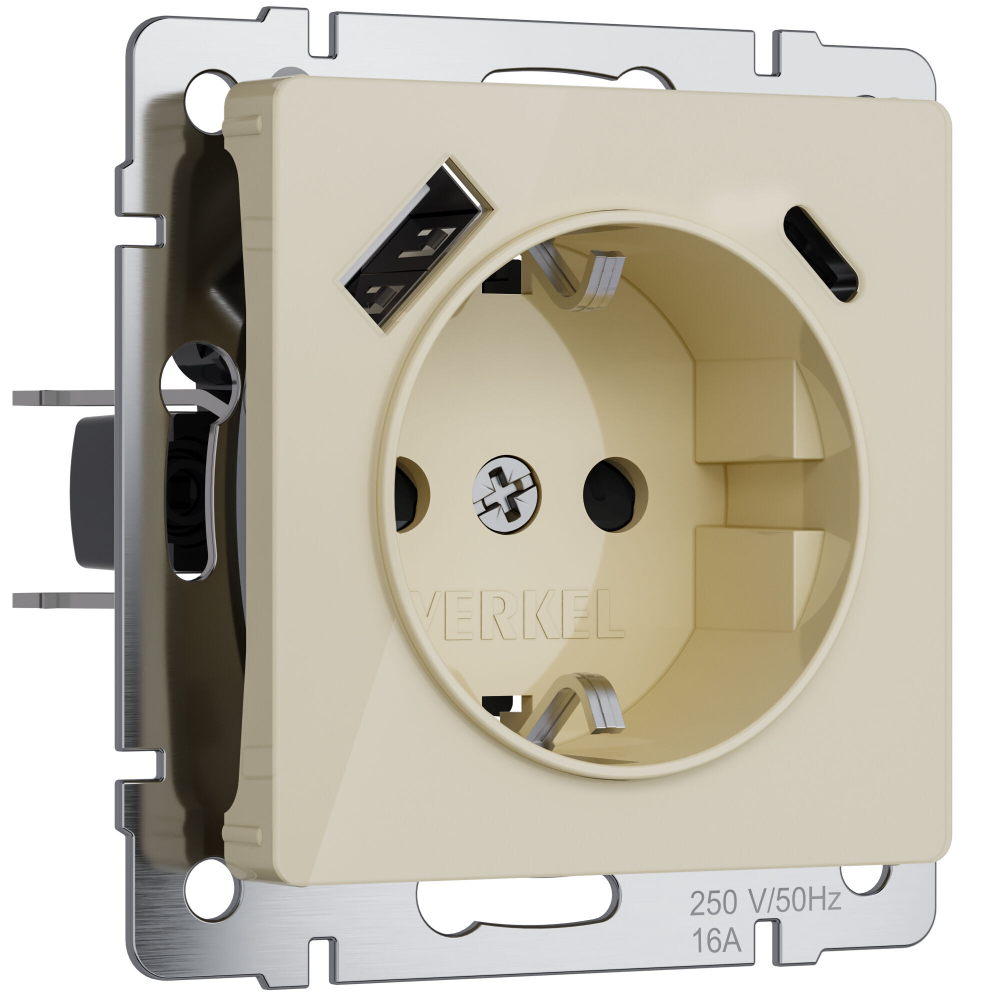 Розетка с заземлением, шторками и USB A+C (айвори акрил) W1171743