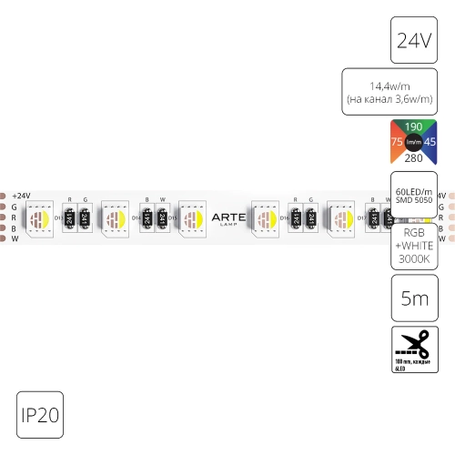 Купить Светодиодная лента 24V 14,4W/m (на канал 3,6W/m) RGB+W 3000К 5м IP20 Arte Lamp TAPE A2406012-02-RGB3K