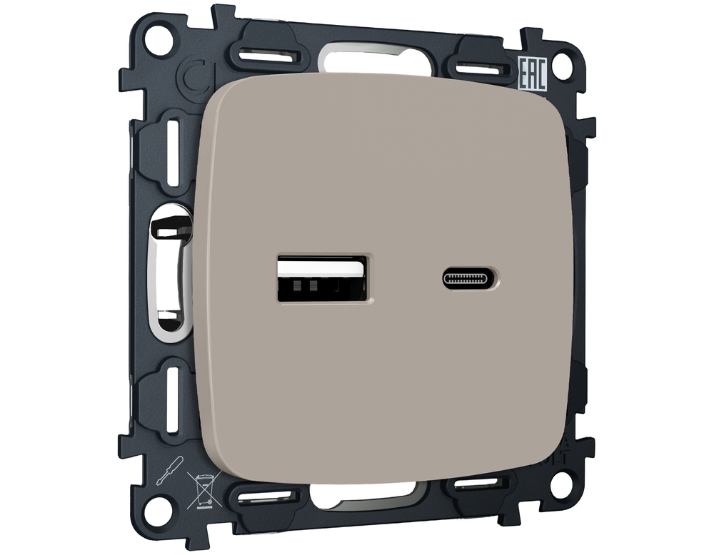 MO371010 Комплект механизма розетки OMEGA Серо-бежевый матовый 2USB A+C 20W (быстрая зарядка) QUANT (OP3710, VM177)