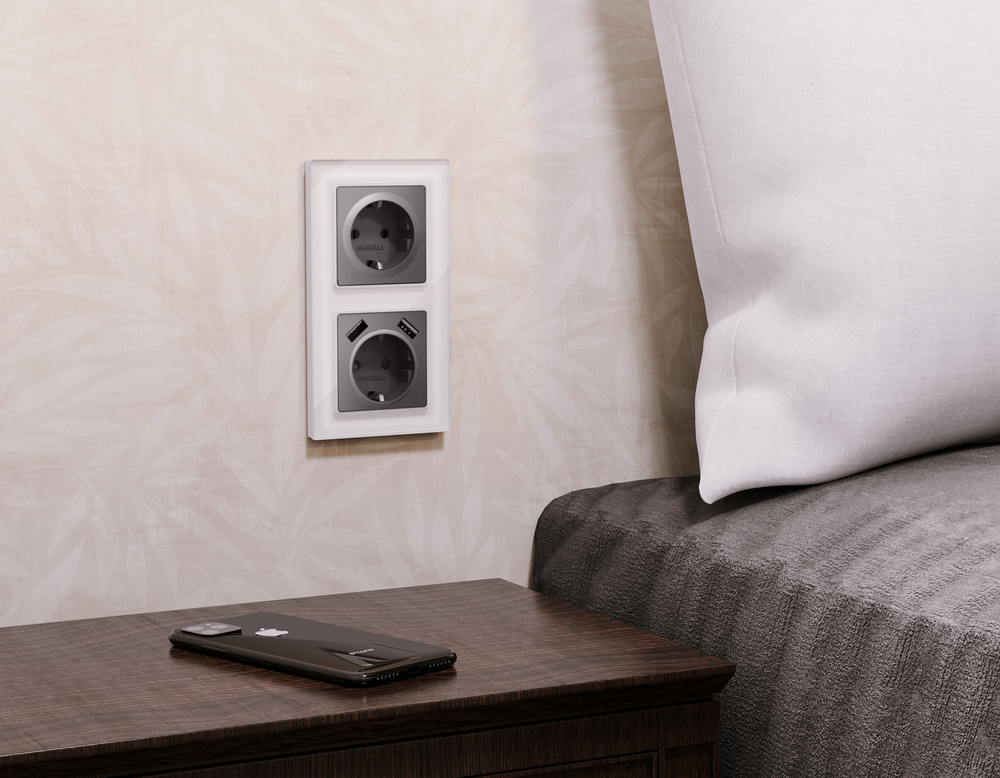 MA659010 Комплект механизма электрической розетки ALFA Антрацит серый 2USB A+A 18W (быстрая зарядка) с/з QUANT (AP6590, VM155)