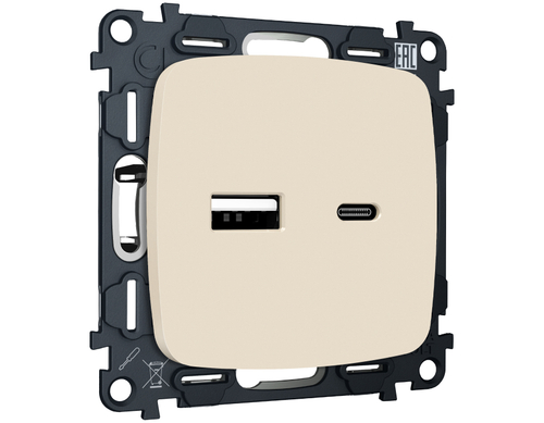 Купить MO331010 Комплект механизма розетки OMEGA Бежевый матовый 2USB A+C 20W (быстрая зарядка) QUANT (OP3310, VM177)