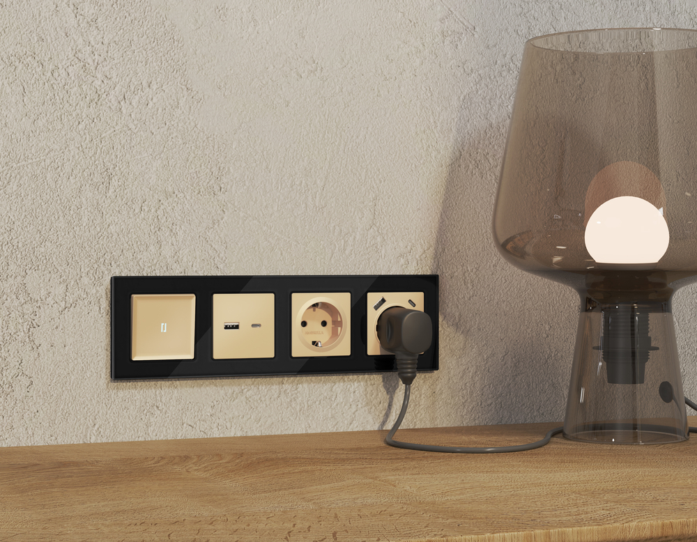 MA611010 Комплект механизма розетки ALFA Шампань 2USB A+C 20W (быстрая зарядка) QUANT (AP6110, VM177)