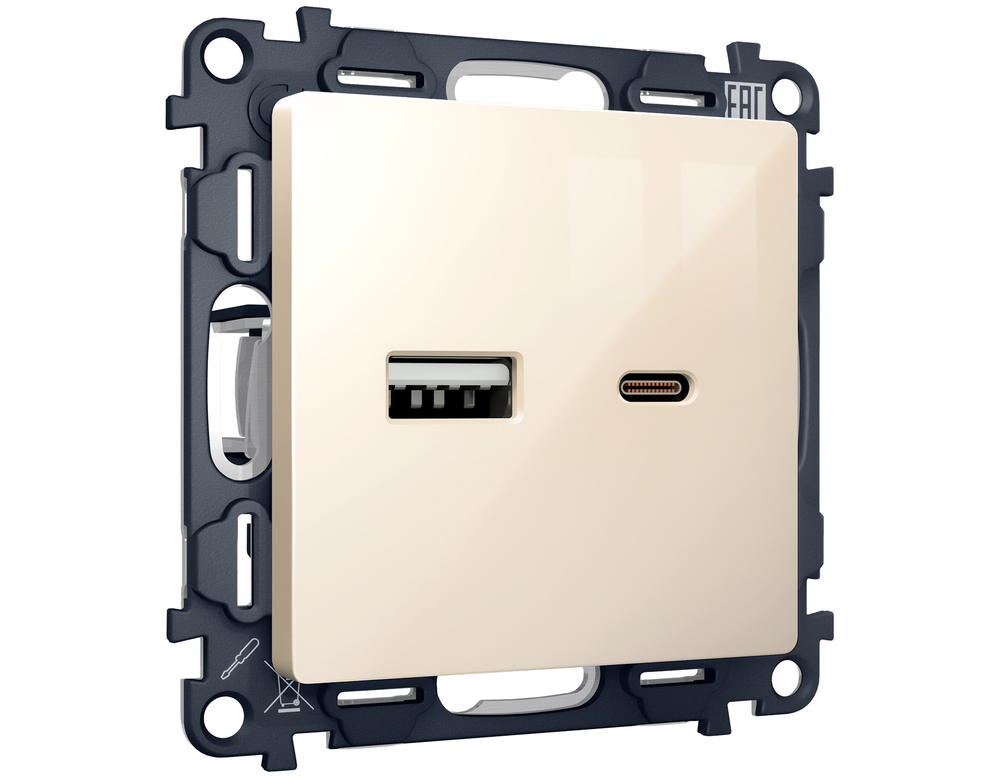 MA311010 Комплект механизма розетки ALFA Бежевый глянец 2USB A+C 20W (быстрая зарядка) QUANT (AP3110, VM177)