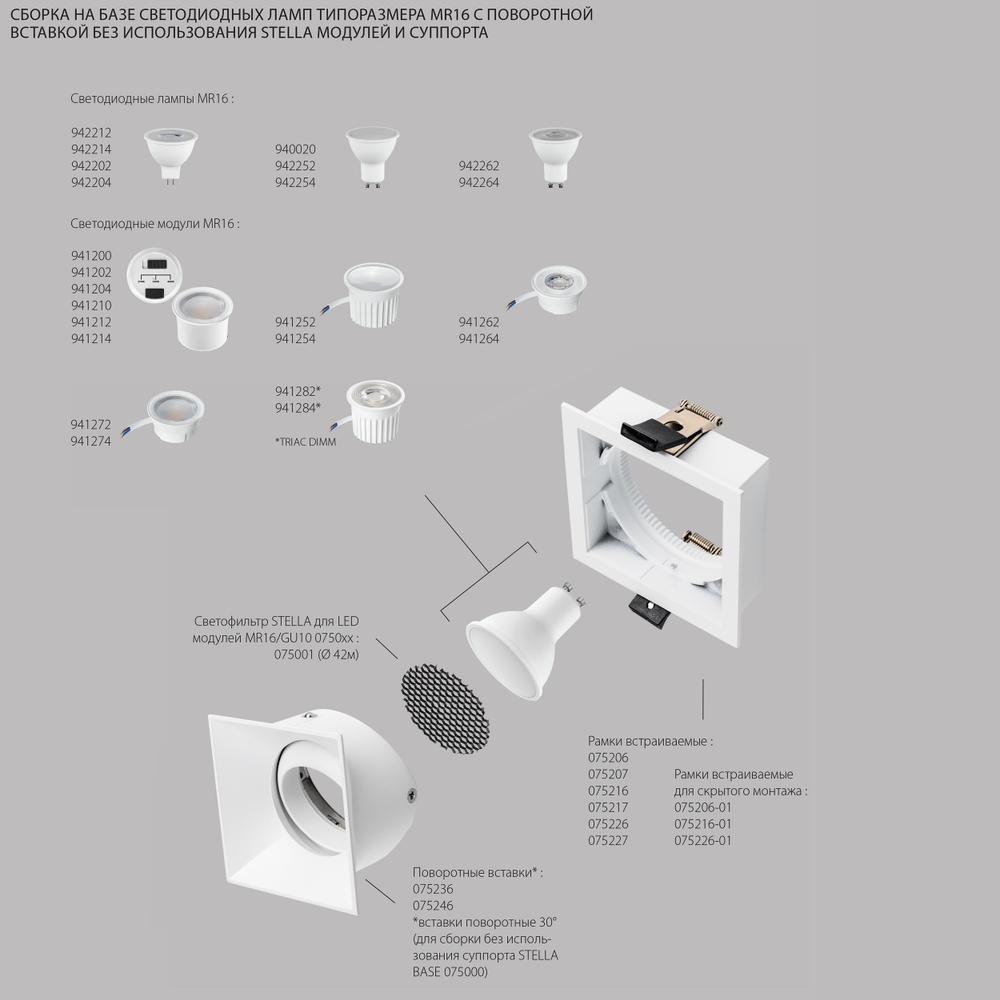 075246 Вставка квадратная поворотная STELLA BASE к 07505x/07507x с углом наклона 30G и вращением на 360G БЕЛЫЙ МАТОВЫЙ