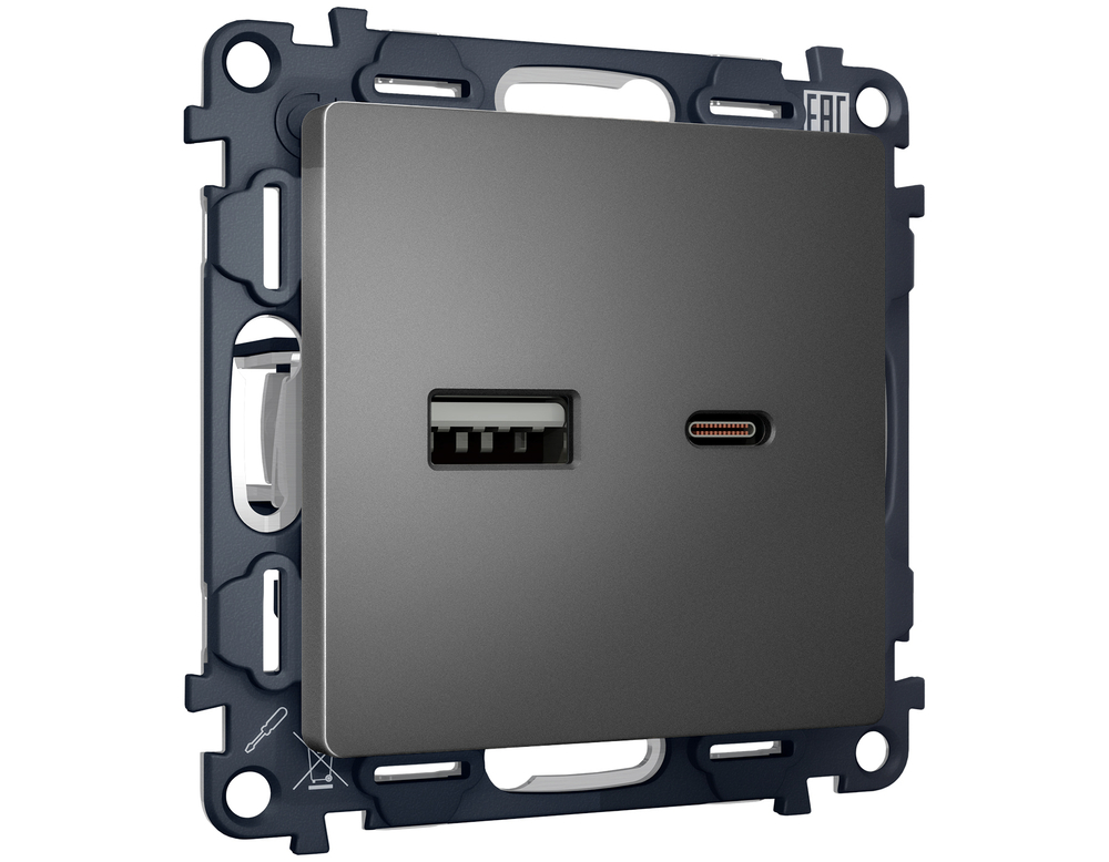 MA661010 Комплект механизма розетки ALFA Антрацит серый 2USB A+C 20W (быстрая зарядка) QUANT (AP6610, VM177)