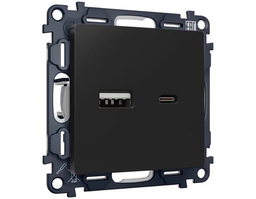 Купить MA811010 Комплект механизма розетки ALFA Черный матовый 2USB A+C 20W (быстрая зарядка) QUANT (AP8110, VM177)