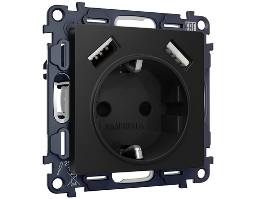 Купить MA809010 Комплект механизма электрической розетки ALFA Черный матовый 2USB A+A 18W (быстрая зарядка) с/з QUANT (AP8090, VM155)