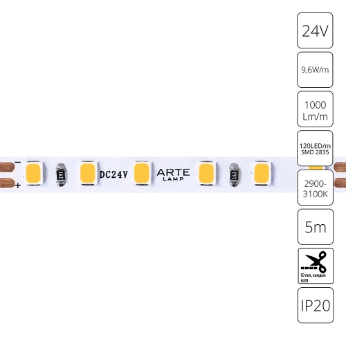 Купить Светодиодная лента 24V 9,6W/m 3000К 5м Arte Lamp TAPE A2412005-01-3K