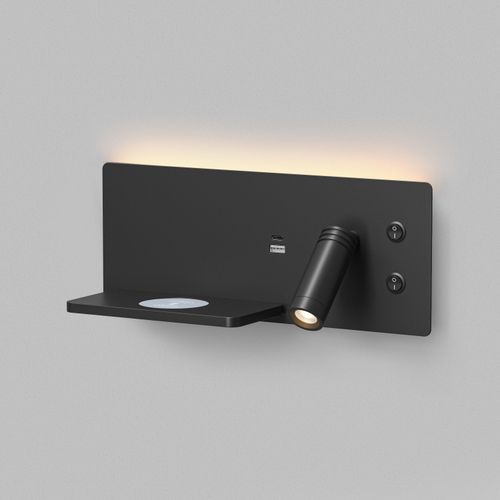 Купить Светильник настенный CHARGELUX, с функцией беспроводной зарядки, USB-A , 3Вт+8Вт, 3000К, левый, алюминий, черный