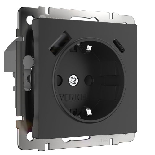 Купить Розетка с заземлением, шторками и USB тип A+C (черный матовый) W1171708