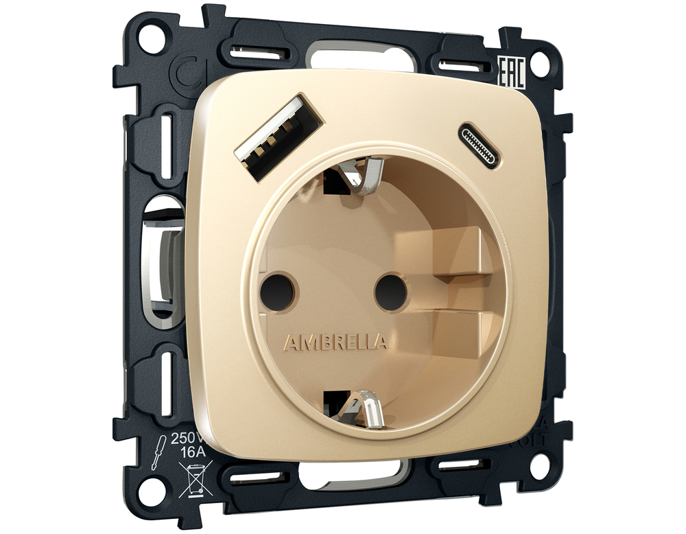 MO610010 Комплект механизма электрической розетки OMEGA Шампань 2USB A+C 20W (быстрая зарядка) с/з QUANT (OP6100, VM160)