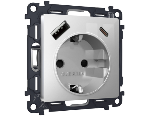 Купить MA410010 Комплект механизма электрической розетки ALFA Серебро глянец 2USB A+C 20W (быстрая зарядка) с/з QUANT (AP4100, VM160)