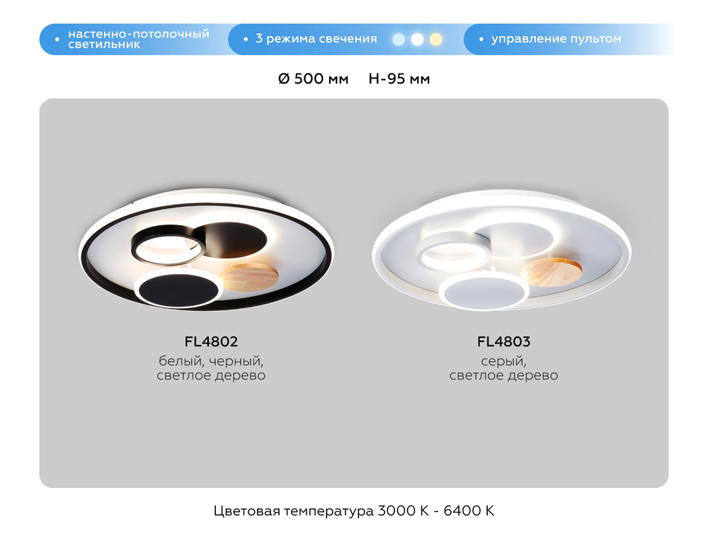 FL4803 GR серый 3000K-6400K 70W D500*95 (ПДУ ИК)