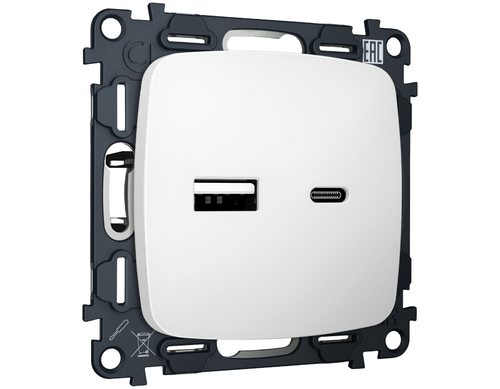 Купить MO131010 Комплект механизма розетки OMEGA Белый матовый 2USB A+C 20W (быстрая зарядка) QUANT (OP1310, VM177)