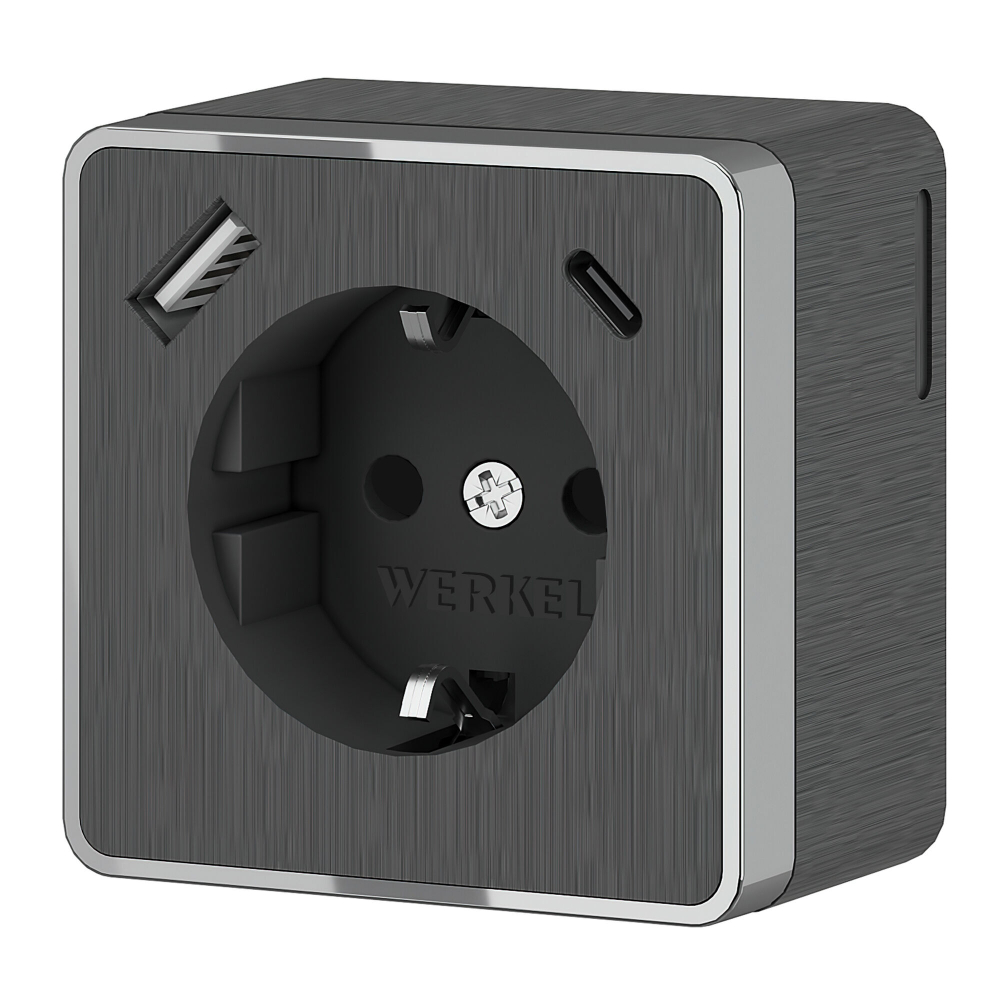 Розетка с заземлением, шторками и USB тип A+C Gallant графит рифленый W5071704