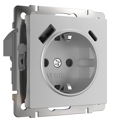 Купить W1171706/ Розетка с заземлением, шторками и USB тип A+C (серебряный) W1171706