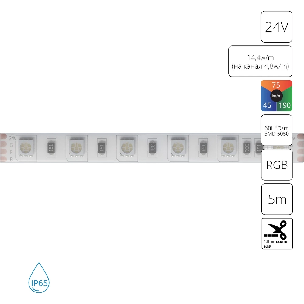 Светодиодная лента 24V 14,4W/m (на канал 4,8W/m) RGB 5м IP65 Arte Lamp AQUA TAPE A2406010-02-RGB
