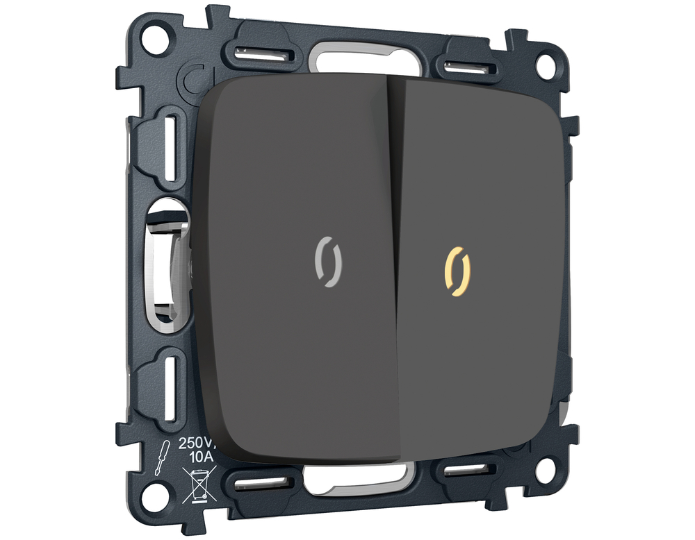MO904010 Комплект механизма 2-кл выключателя с подсветкой 3200K OMEGA Графит мягкое касание QUANT (OP9040, VM115, G11Y)