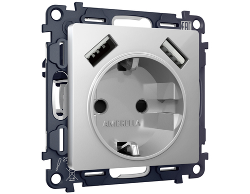 Купить MA409010 Комплект механизма электрической розетки ALFA Серебро глянец 2USB A+A 18W (быстрая зарядка) с/з QUANT (AP4090, VM155)