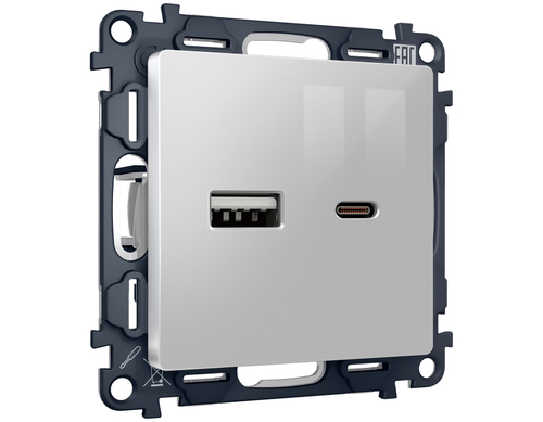 Купить MA411010 Комплект механизма розетки ALFA Серебро глянец 2USB A+C 20W (быстрая зарядка) QUANT (AP4110, VM177)