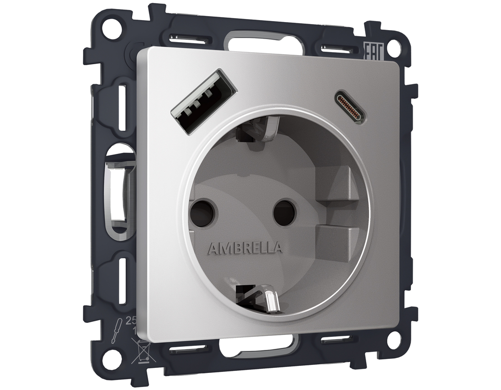 MA510010 Комплект механизма электрической розетки ALFA Сталь матовый 2USB A+C 20W (быстрая зарядка) с/з QUANT (AP5100, VM160)