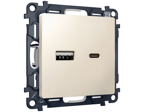 Купить MA331010 Комплект механизма розетки ALFA Бежевый матовый 2USB A+C 20W (быстрая зарядка) QUANT (AP3310, VM177)