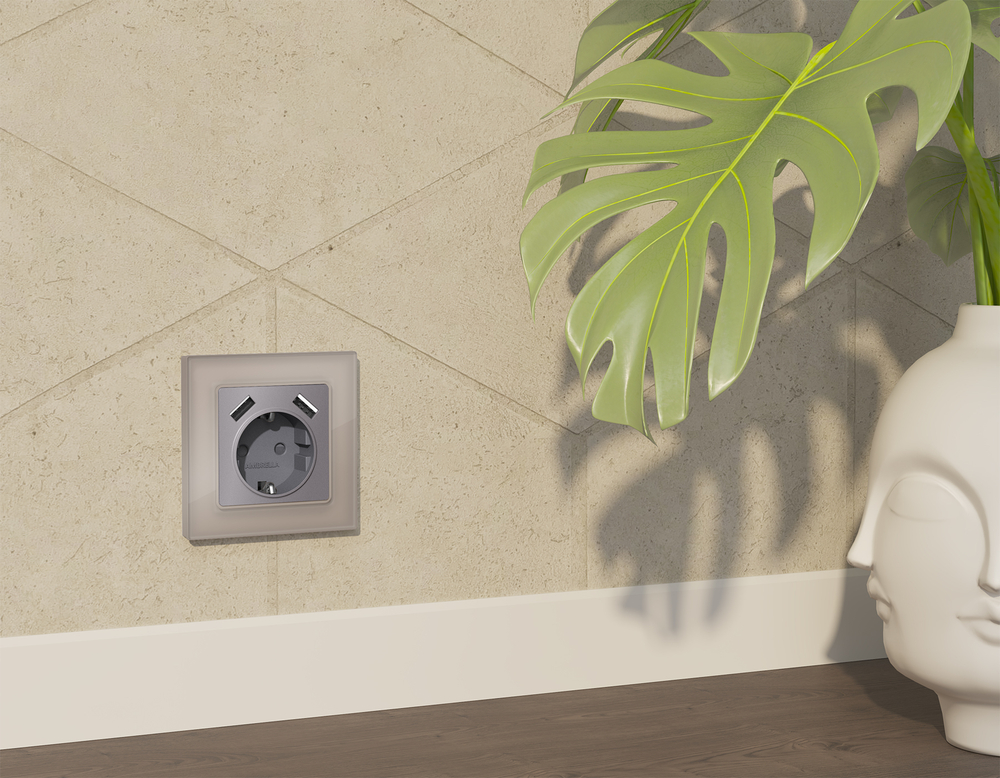 MA509010 Комплект механизма электрической розетки ALFA Сталь матовый 2USB A+A 18W (быстрая зарядка) с/з QUANT (AP5090, VM155)