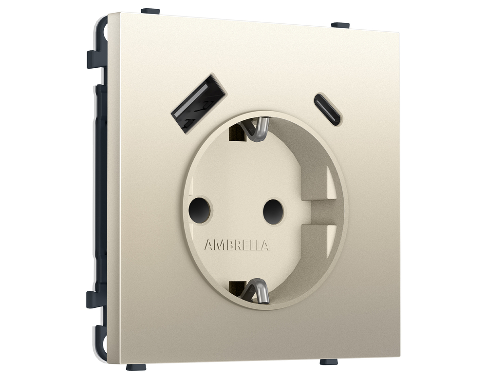 MS550010 Комплект механизма электрической розетки SIGMA Шёлк 2USB A+C 20W (быст. зар.) с/з с/ш 16A-250V QUANT PRO (SP5500, PR160)