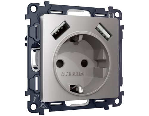Купить MA509010 Комплект механизма электрической розетки ALFA Сталь матовый 2USB A+A 18W (быстрая зарядка) с/з QUANT (AP5090, VM155)