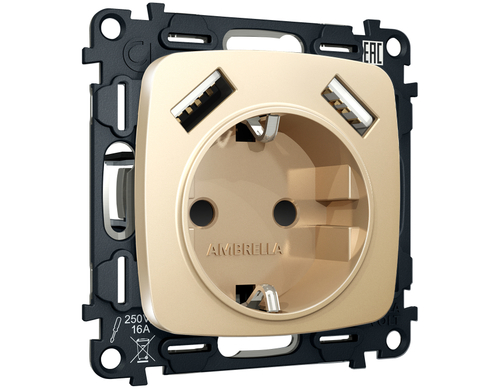 Купить MO609010 Комплект механизма электрической розетки OMEGA Шампань 2USB A+A 18W (быстрая зарядка) с/з QUANT (OP6090, VM155)