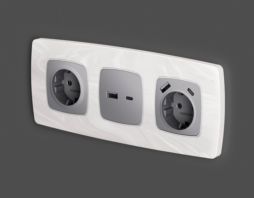 MO510010 Комплект механизма электрической розетки OMEGA Сталь матовый 2USB A+C 20W (быстрая зарядка) с/з QUANT (OP5100, VM160)