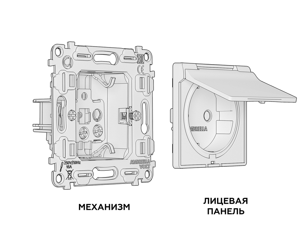 MA108010 Комплект механизма электрической розетки ALFA Белый глянец с/з с шторками и крышкой IP44 QUANT (AP1080, VM141)