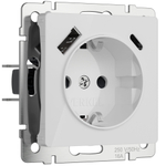 Розетка с заземлением, шторками и USB тип A+C (белый акрил) W1171741