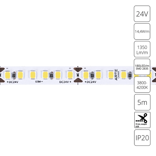 Купить Светодиодная лента 24V 14,4W/m 4000К 5м Arte Lamp TAPE A2418008-02-4K