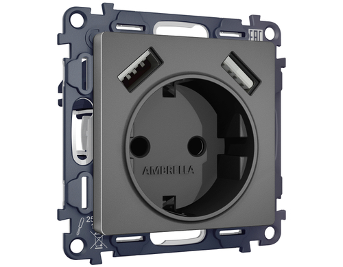 Купить MA659010 Комплект механизма электрической розетки ALFA Антрацит серый 2USB A+A 18W (быстрая зарядка) с/з QUANT (AP6590, VM155)