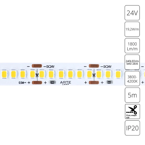 Купить Светодиодная лента 24V 19,2W/m 4000К 5м Arte Lamp TAPE A2424010-02-4K