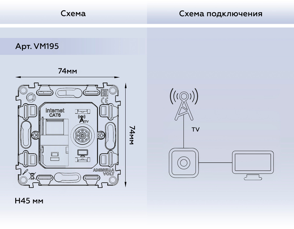 VM195 Механизм розетки компьютерной + TV оконечной RJ-45 (8P8C) CAT6/50-870 MHz 1dB с автоматической защитной шторкой QUANT