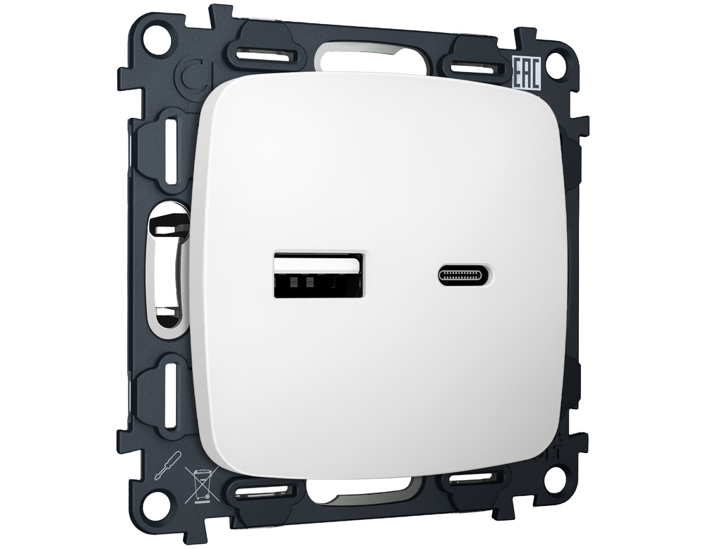 MO131010 Комплект механизма розетки OMEGA Белый матовый 2USB A+C 20W (быстрая зарядка) QUANT (OP1310, VM177)