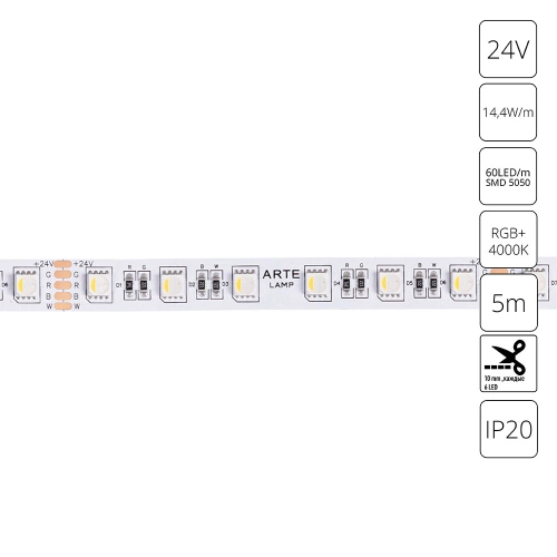 Купить Светодиодная лента 24V 14,4W/m  RGB+W 4000К 5м Arte Lamp TAPE A2406012-01-RGB4K