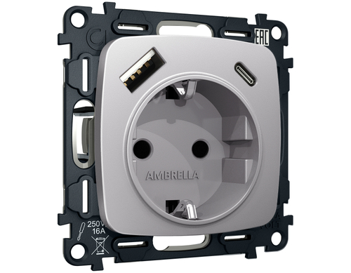 Купить MO510010 Комплект механизма электрической розетки OMEGA Сталь матовый 2USB A+C 20W (быстрая зарядка) с/з QUANT (OP5100, VM160)