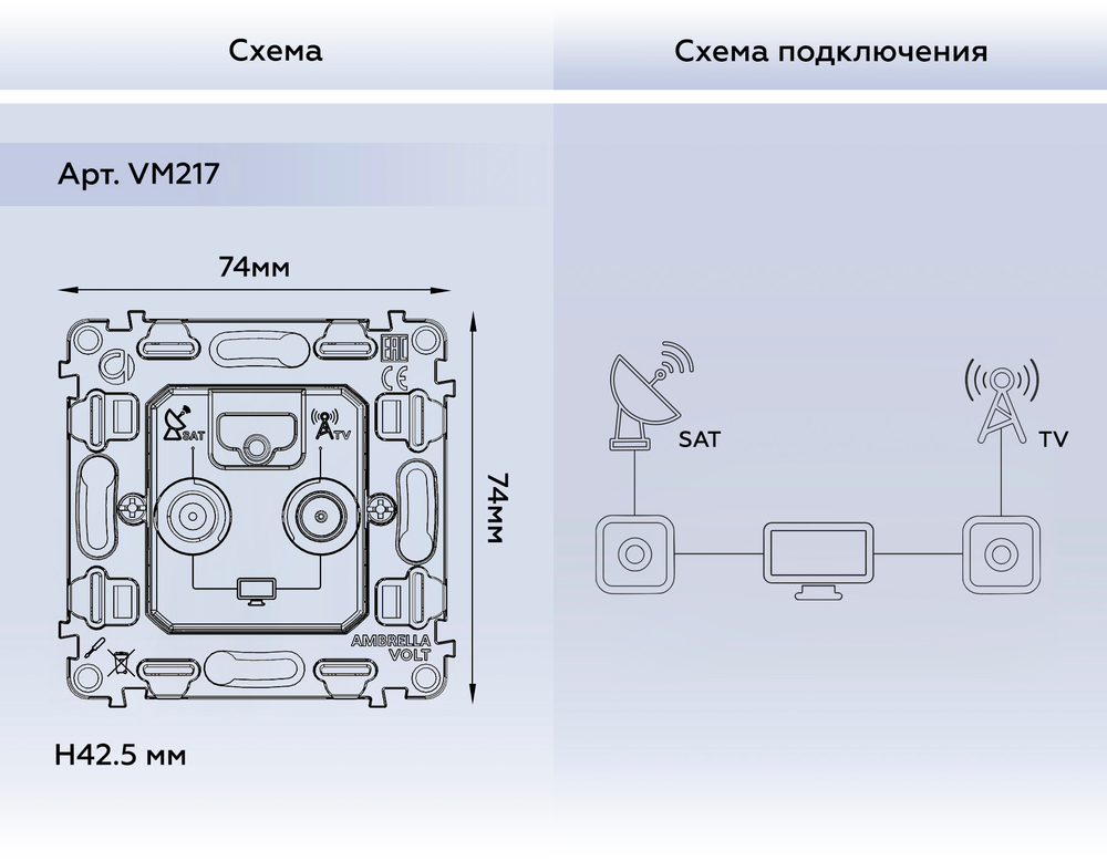 VM217 Механизм розетки TV оконечной + SAT 5-862MHz 3.5dB/950-2150MHz 3.8dB QUANT