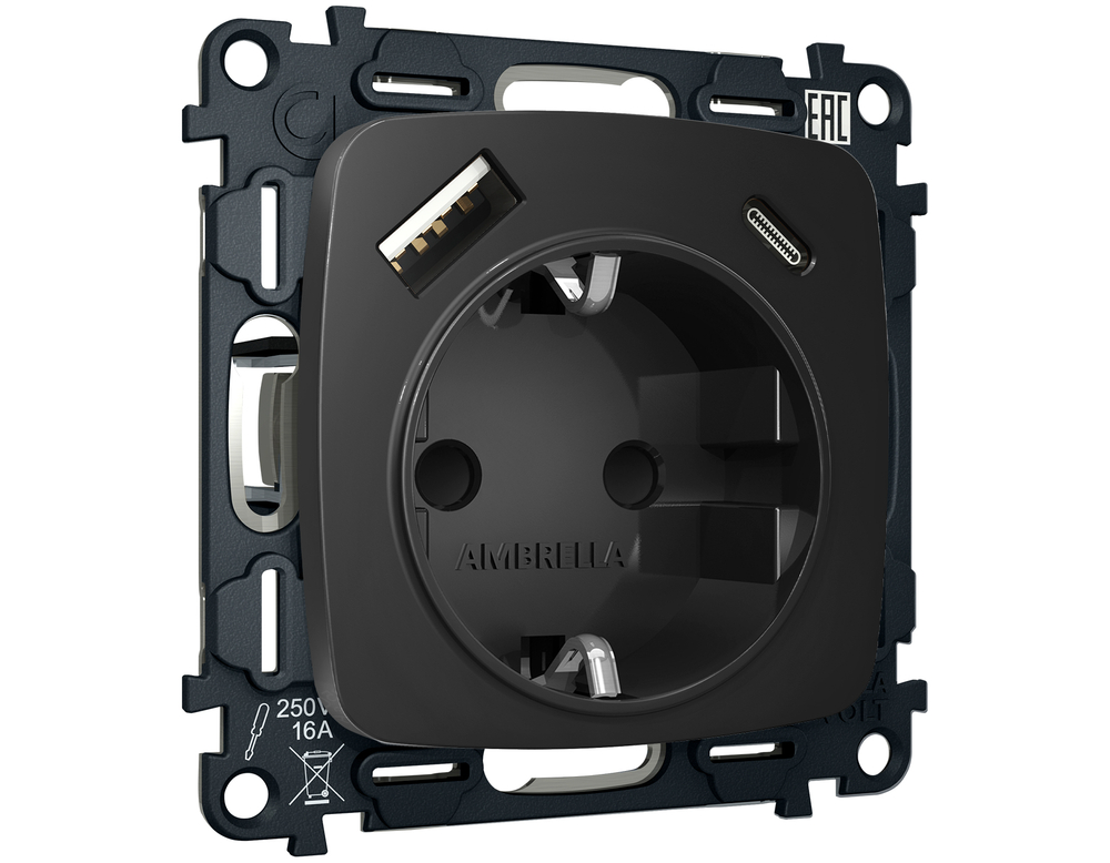 MO810010 Комплект механизма электрической розетки OMEGA Черный матовый 2USB A+C 20W (быстрая зарядка) с/з QUANT (OP8100, VM160)